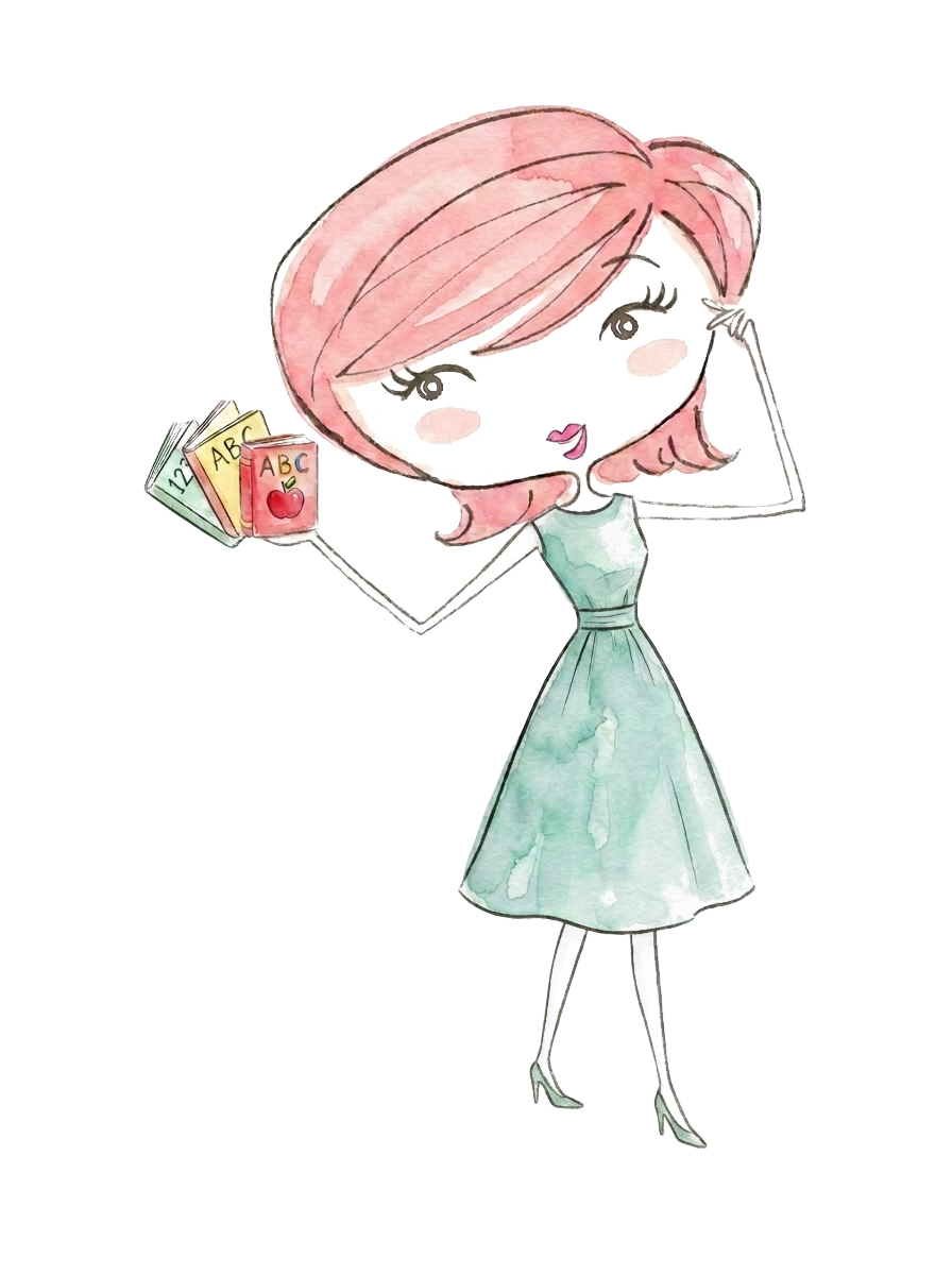 Miss Lesleigh, a friendly teacher in a teal dress, holding a stack of colorful ABC and 123 picture books